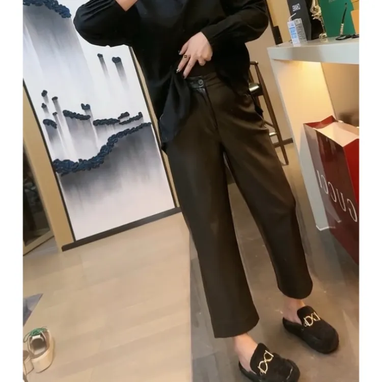 Aimeerosa/艾洛莎冬季欧货时尚百搭山本休闲裤子高腰显瘦九分皮裤