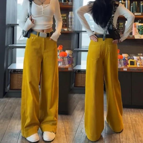 Aimeerosa/艾洛莎黄色灯芯绒窄版休闲裤女2024新款开叉拉链弯刀裤