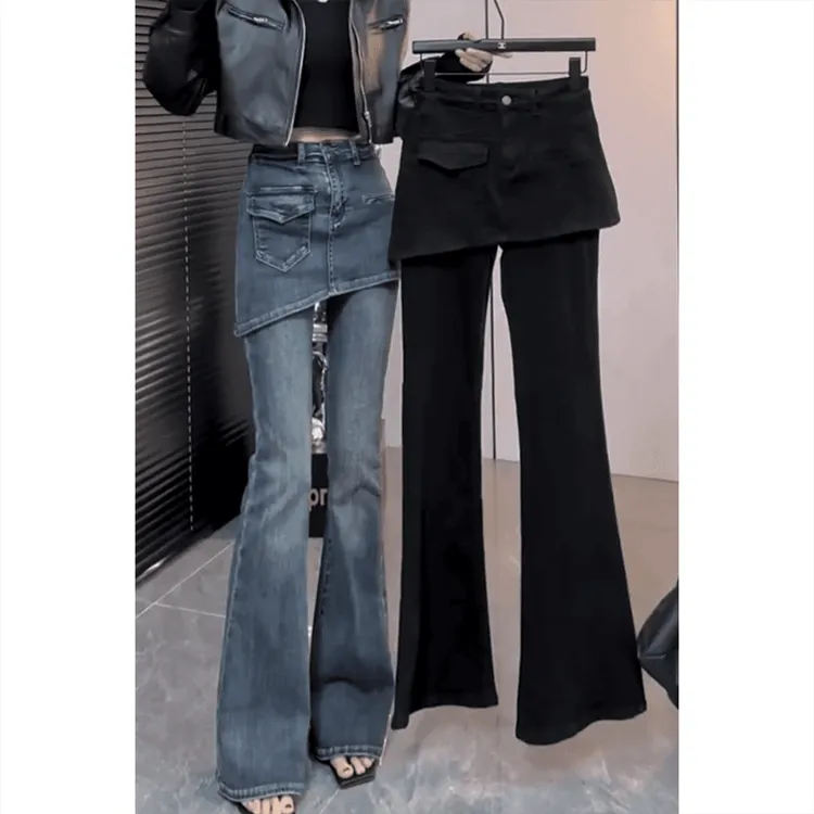 Aimeerosa/艾洛莎假两件微喇牛仔裤女2024秋季大码弹力显瘦马蹄裤