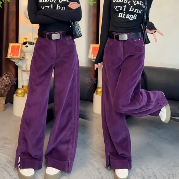 Aimeerosa/艾洛莎秋季窄版开叉拉链弯刀休闲裤女网红显瘦灯芯绒裤