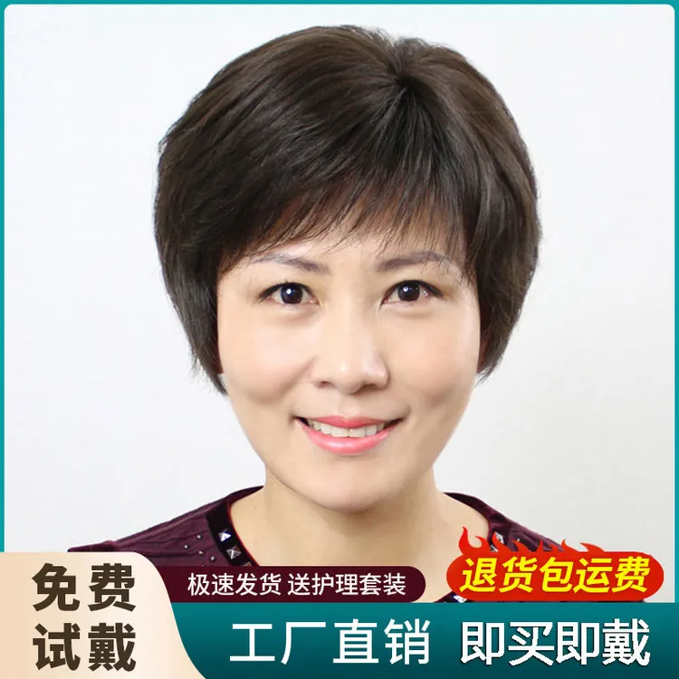 （免打理款）假发女短发全头套真人发丝中老年女士佩戴舒适真发发套