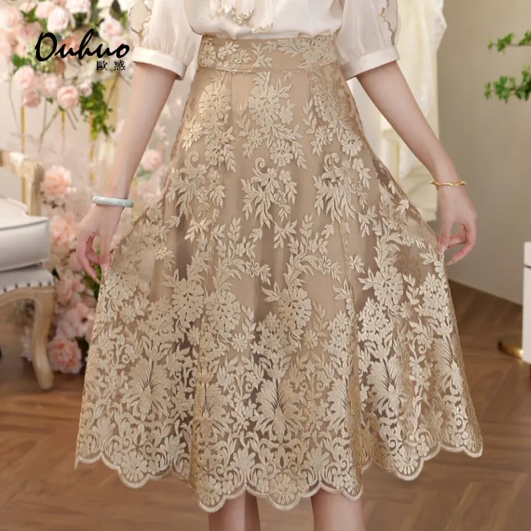 【春节福利】现货！时尚百搭显瘦中长款绣花蕾丝半身裙OHSKH05078