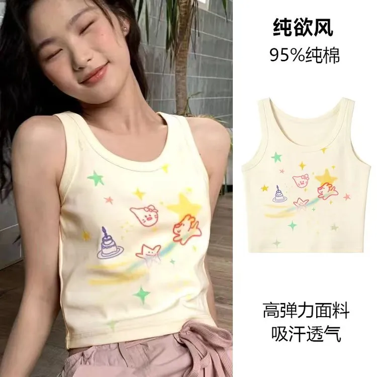 高弹力纯棉透气吸汗新款外穿涂鸦印花设计感小众背心修身显瘦上衣