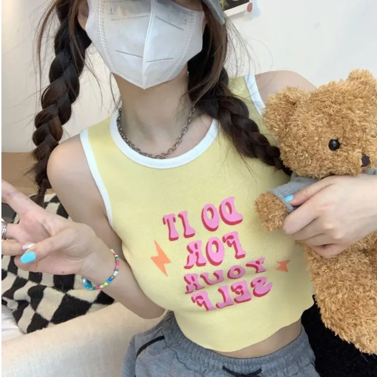 夏季吸汗新款港味bm风显瘦吊带外穿少女甜辣风撞色短款吊带小背心