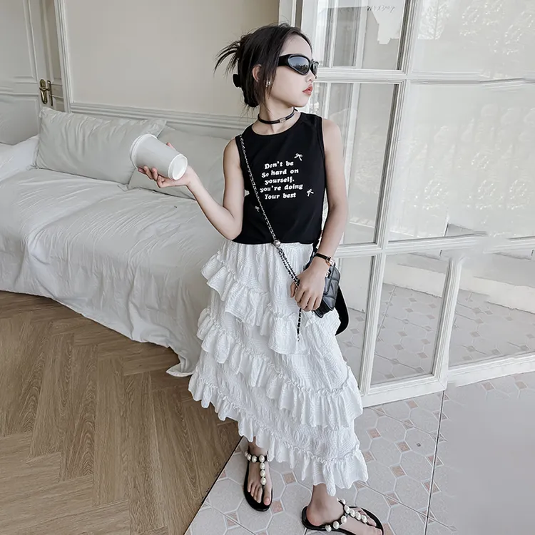 女童印花字母无袖背心2024新款洋气时髦女孩不规则蛋糕裙两件套潮