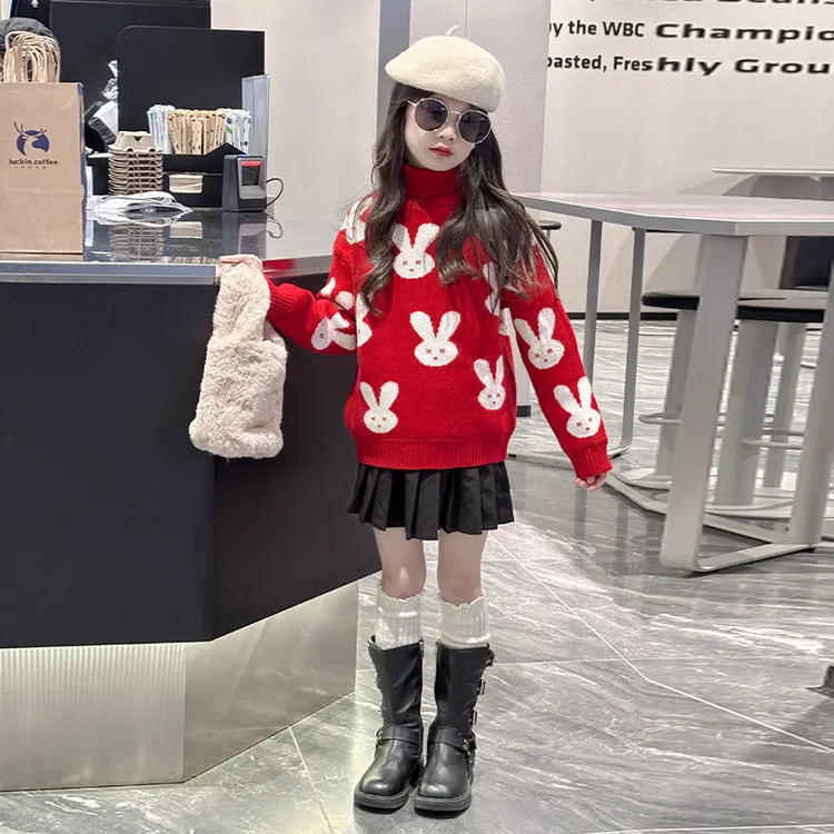 女童毛衣秋冬女大童高领打底针织衫儿童冬季本命加绒红色拜年上衣