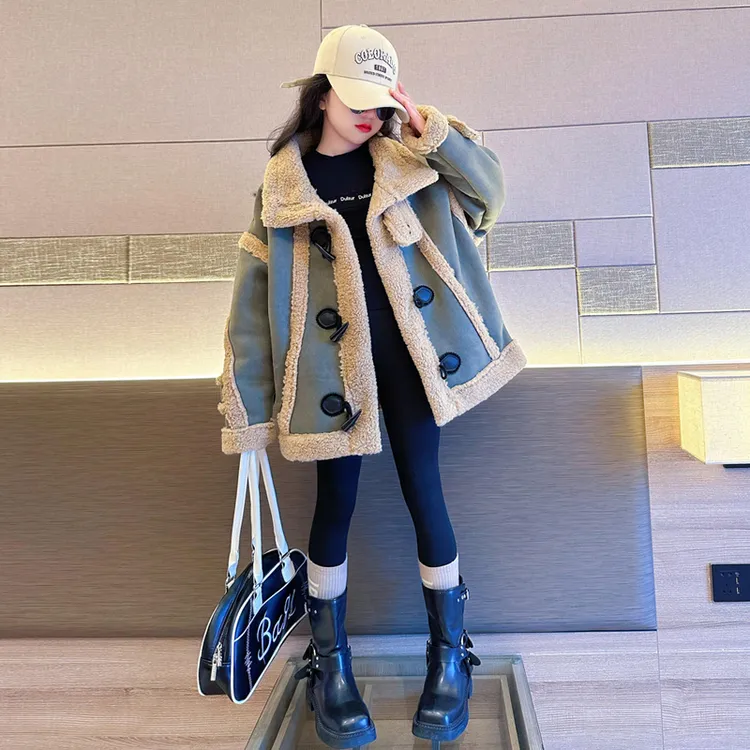 女童皮毛一体外套秋冬款2025新款儿童大童冬季加绒加厚羊羔绒冬装