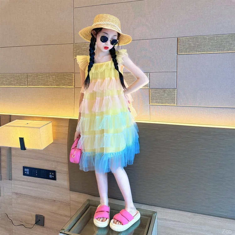 公主洋气女宝宝中大童2025背心裙夏季新款小女孩女童彩虹蛋糕纱裙