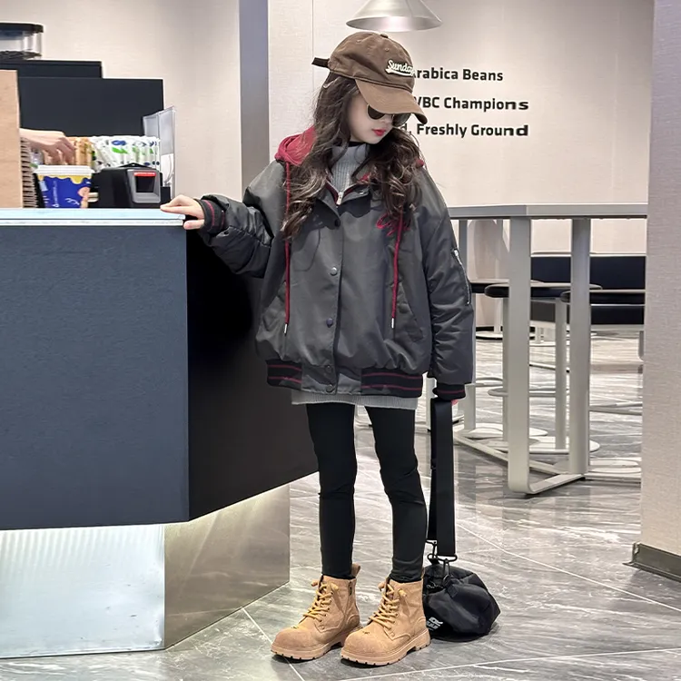 女童棉服秋冬2025新款女大童加厚连帽假两件上衣儿童冬季夹棉外套