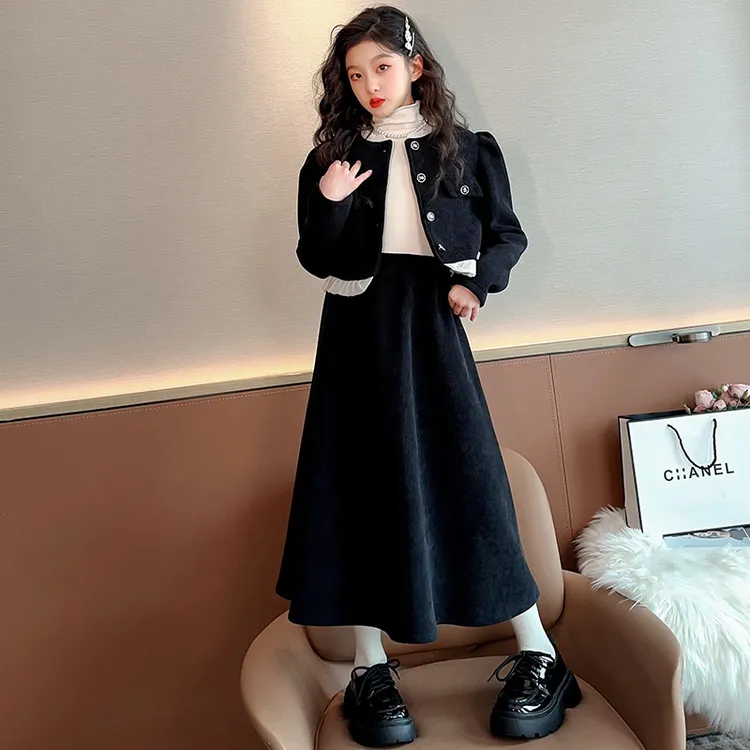 春秋2025新款大童小女孩春款长裙大童小香风穿搭显瘦裙子外套套装