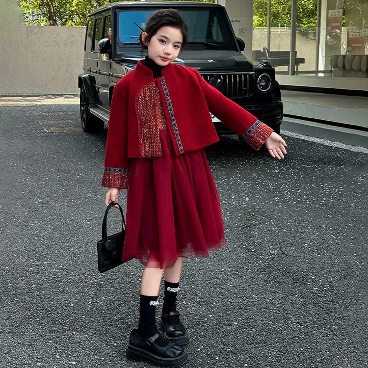 女童春秋款加厚拜年服套装中大童小女孩洋气儿童喜庆潮中国风时尚