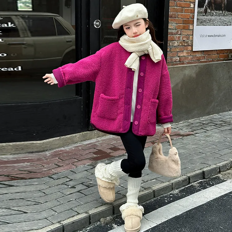 女童火龙果色皮毛一体外套2025秋冬新款儿童洋气时髦休闲保暖上衣