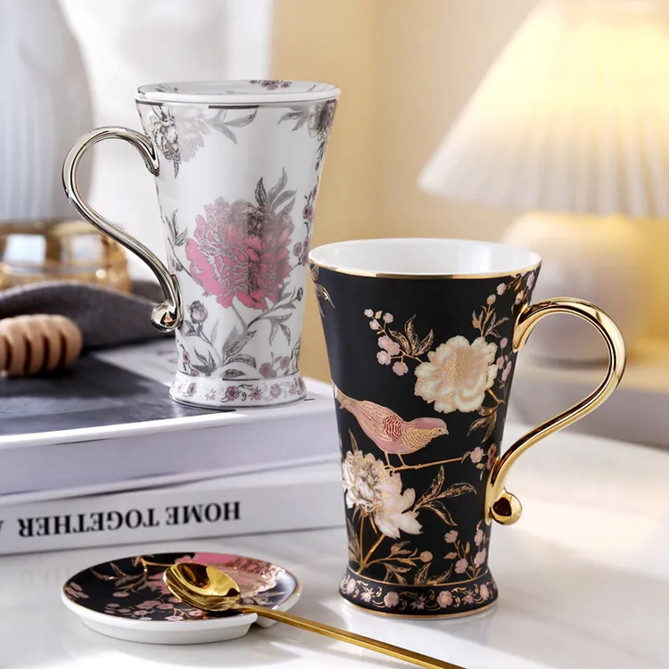 Nosin/诺轩金雀闻香小清新高脚马克杯家用创意大容量喝水杯带盖勺