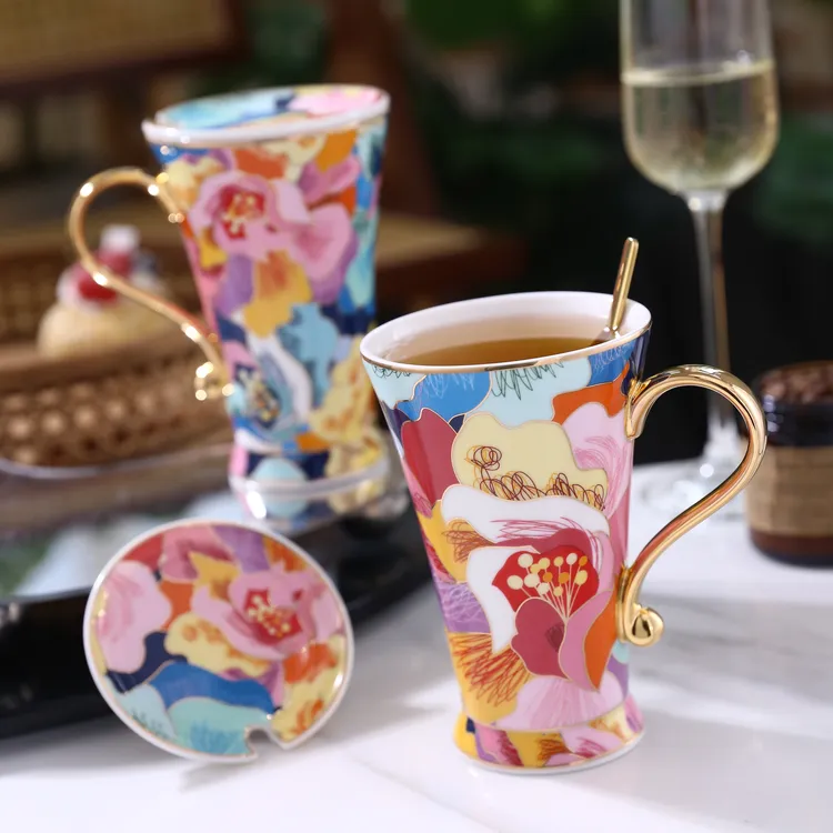 Nosin/诺轩轻奢绚丽牡丹高脚马克杯创意家用大容量带盖情侣杯水杯