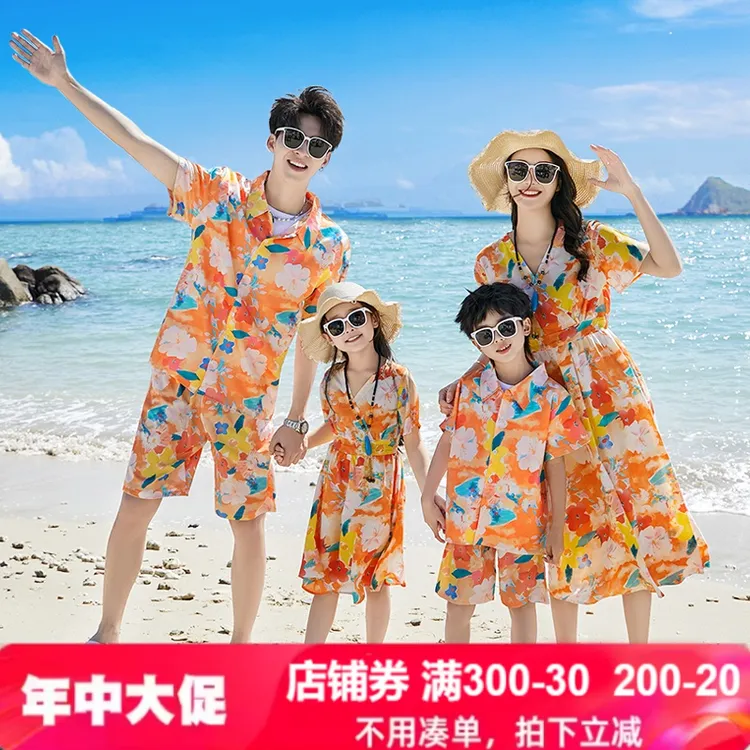 高端亲子装夏装一家三口四口波西米亚母女连衣裙旅游度假沙滩套装