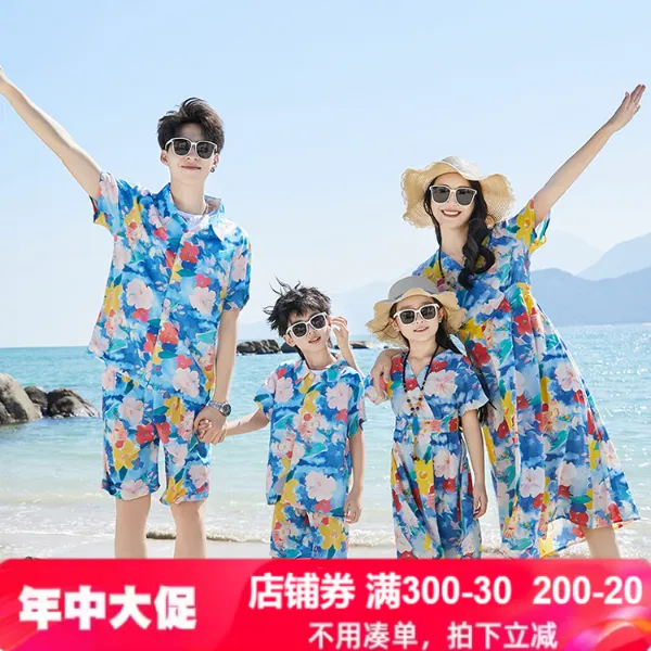 亲子装海南度假短袖花衬衫母子装海边沙滩2025母女装连衣裙潮