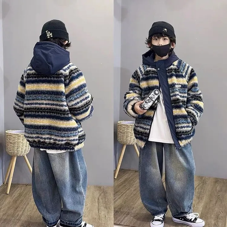 【现货】男童冬季毛毛夹棉外套保暖加厚新款中大童宽松冬装男孩连帽