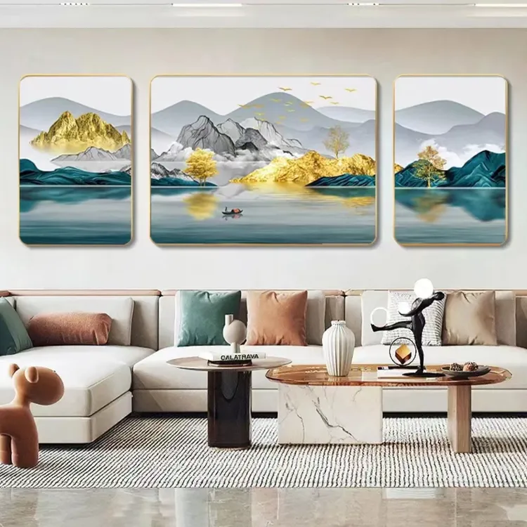 免打孔现代轻奢简约客厅装饰画时尚抽象几何沙发背景墙三联挂画
