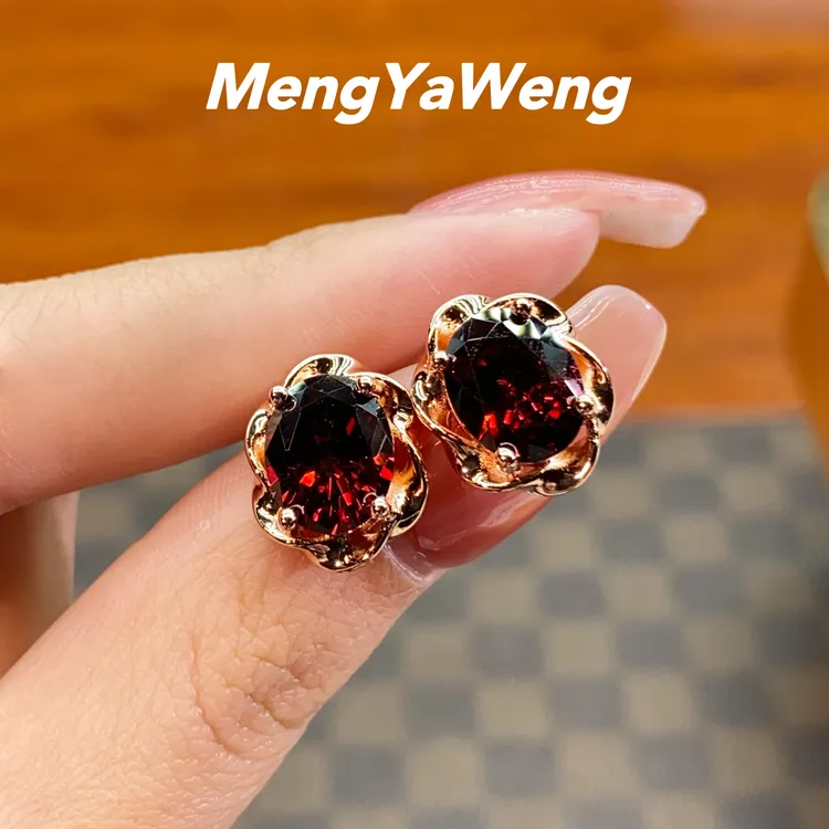 925银针耳饰 【k3133】8X10mm石榴红色人工宝镶嵌【山茶花】