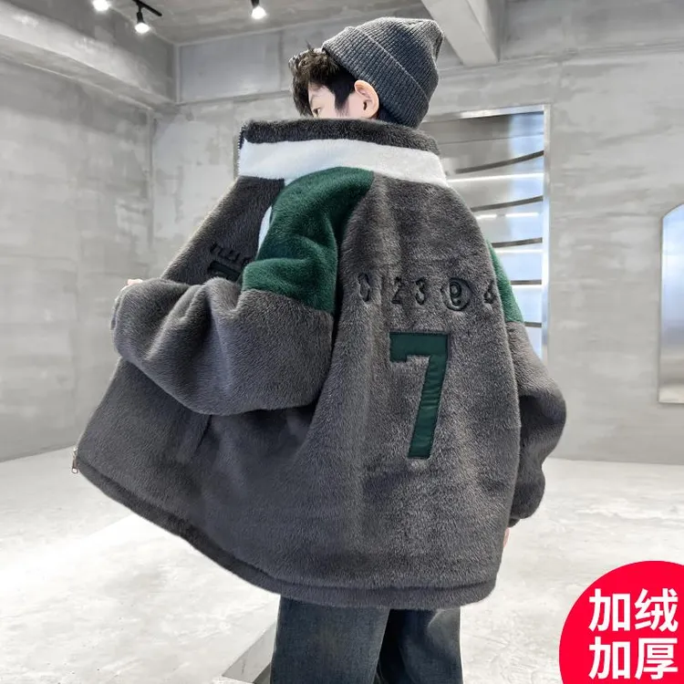 男童外套秋冬款2025新款冬季加绒加厚毛毛衣中大儿童男孩冬装棉服