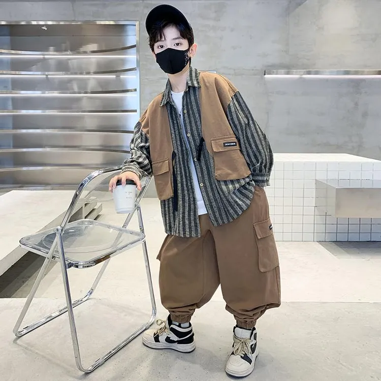儿童装中大童男童工装套装2025新款中大童秋装帅气运动秋季男孩