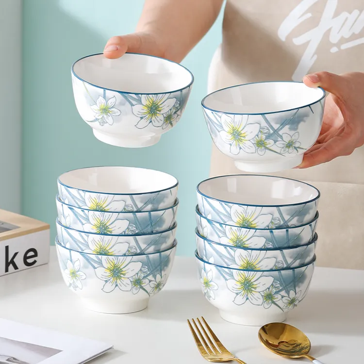 10个装陶瓷碗家用新款高颜值吃饭碗4.5英寸水仙花开餐具米饭碗
