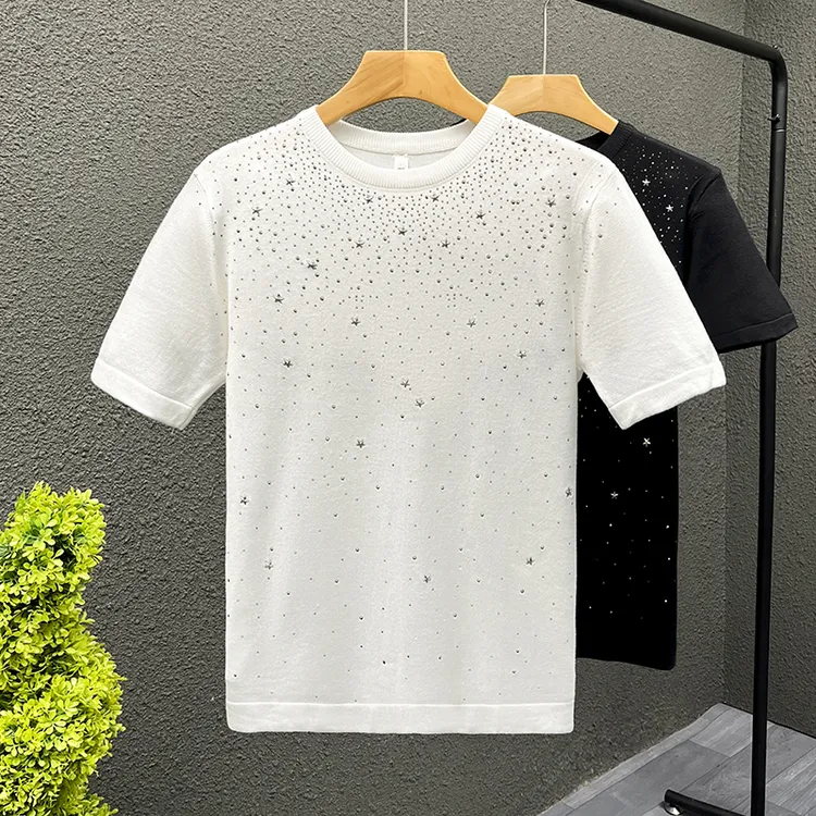 欧货轻奢满天星烫钻短袖男夏季时尚潮流小众痞帅百搭针织圆领T恤