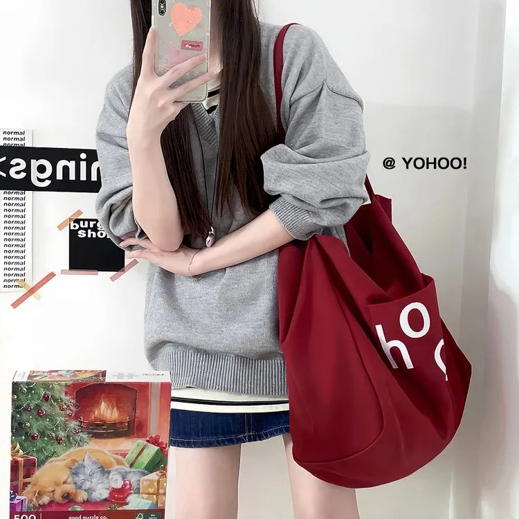 YOHOO!/ins慵懒风红色大容量托特包上班通勤学生单肩帆布袋书包女