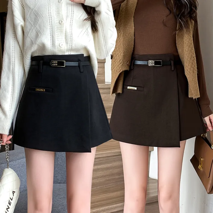 毛呢半身裙裤女2024秋冬新款宽松a字阔腿短裤不规则显瘦裤裙