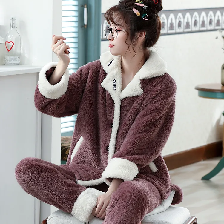 睡衣女秋冬款法兰绒加厚冬季珊瑚绒保暖女士家居服冬天两件套