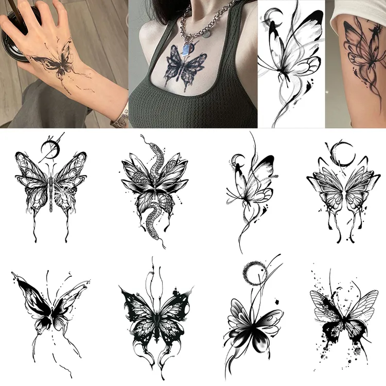 爆款蝴蝶草本纹身贴手臂锁骨防水半永久辣妹甜酷逼真刺青色洗不掉