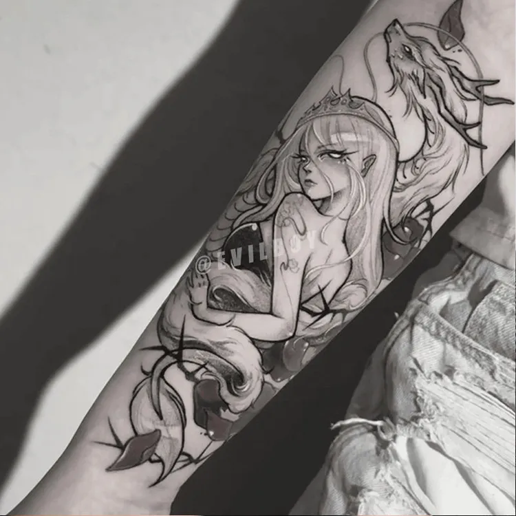 高颜值美杜莎草本纹身贴半永久男女暗黑潮酷霸气花臂防水持久遮疤