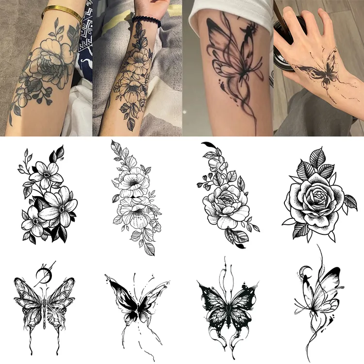 素花草本纹身贴半永久蝴蝶手臂辣妹逼真甜酷刺青色防水持久洗不掉