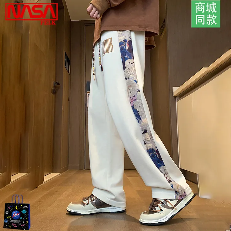 NASA联名中国风裤子男春秋季新款小熊刺绣拼接直筒卫裤美式休闲裤