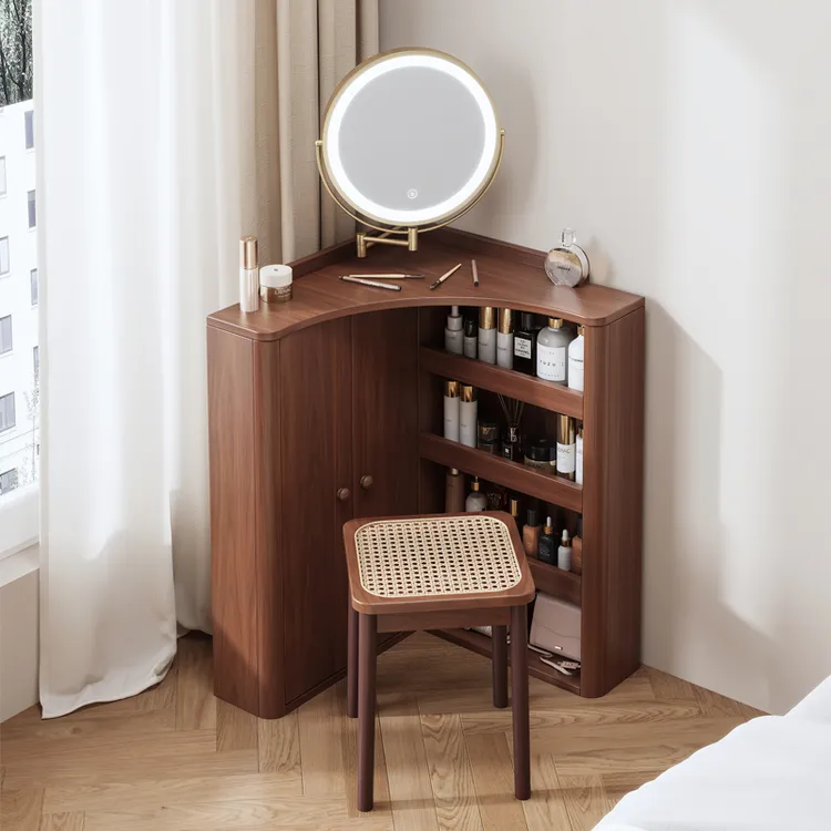 实木圆弧墙角梳妆台小型转角化妆桌卧室胡桃色小户型三角形化妆台