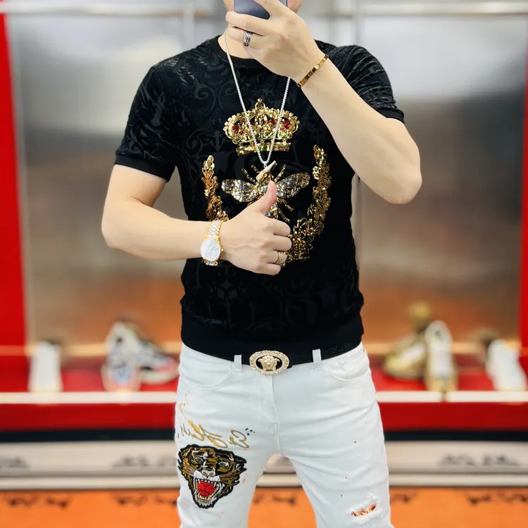 领者家夏季新款镭射亮片植绒烧花时尚百搭潮流网眼高定男士短袖T