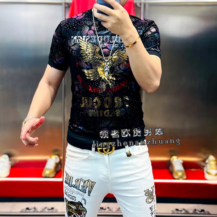 领者家夏季新款高清提花炫彩雄鹰亮片时尚百搭网红修身男士短袖潮
