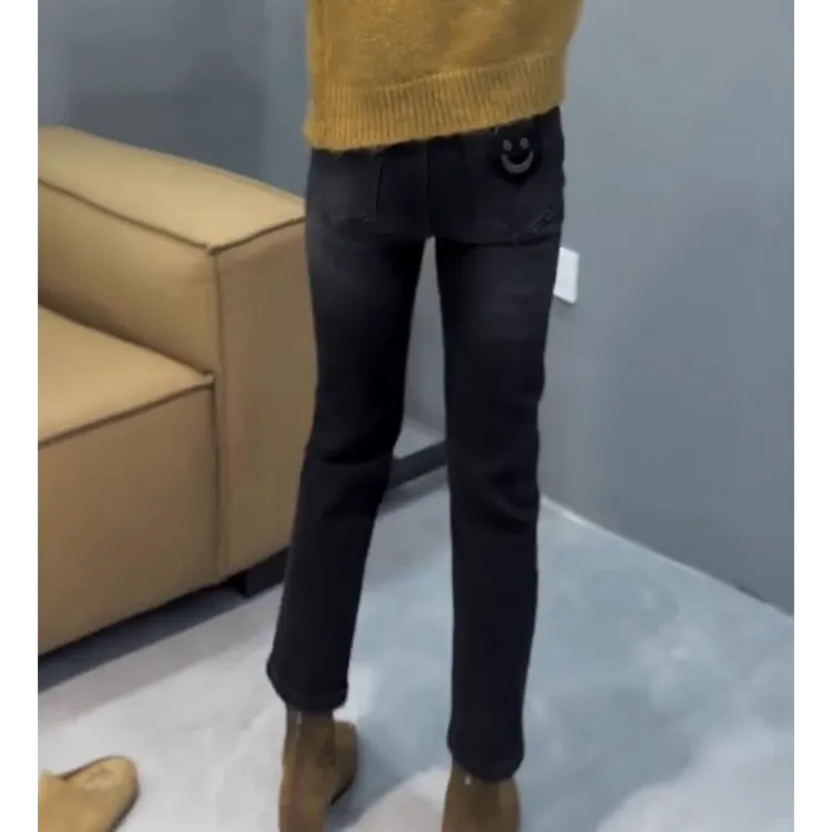 加绒加厚烟管牛仔裤女2025冬季新款梨形身材MM高腰显瘦九分直筒裤