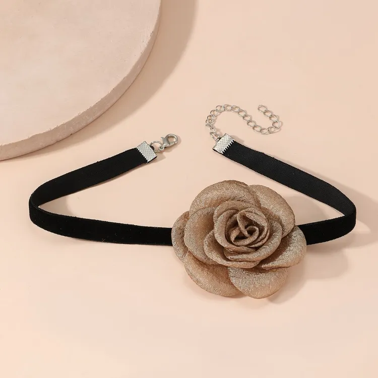 非金属布艺项链 美拉德小香风法式山茶花朵项链女脖颈带配饰气质