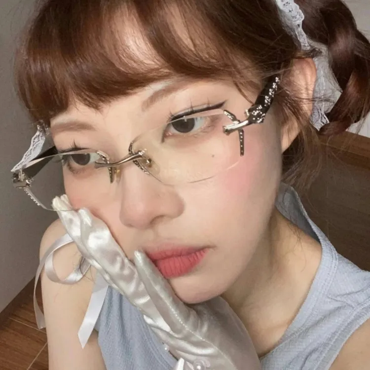 复古银色方形无边框眼镜女方圆脸辣妹凹造型Y2K平光素颜眼镜镜框