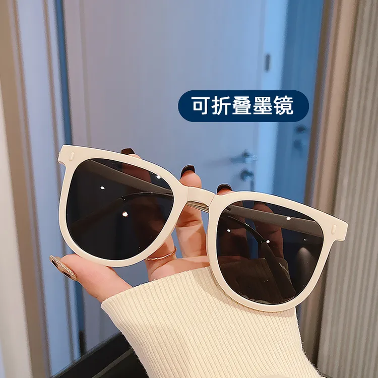 夏季可折叠防晒遮阳墨镜女高级米白色防紫外线大脸显瘦太阳眼镜男