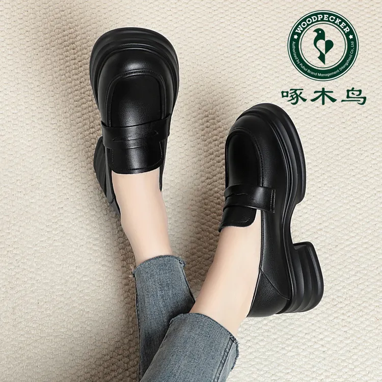 啄木鸟厚底乐福鞋真皮粗跟百搭鞋子圆头黑色妈妈鞋单鞋女小皮鞋