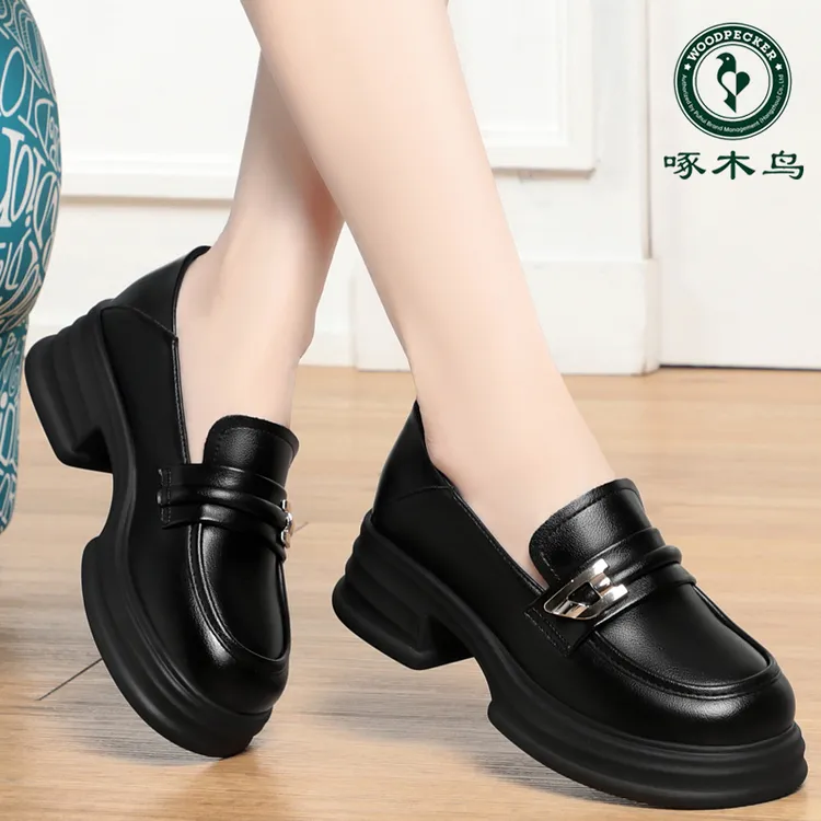 啄木鸟2025年春秋季新款女士厚底增高单鞋英伦风小皮鞋百搭乐福鞋