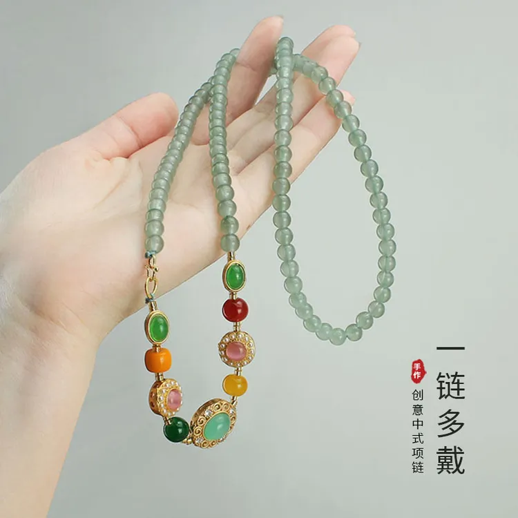 不锈钢玻璃项链 玻璃祖圆珠一款多戴项链新中式多圈复古国风配饰