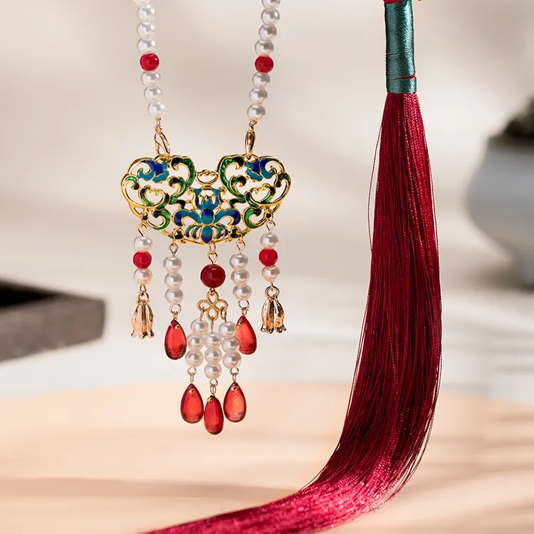 合金仿珍珠项链 古风明制配饰项链汉服软璎珞背云长项链烧蓝中式