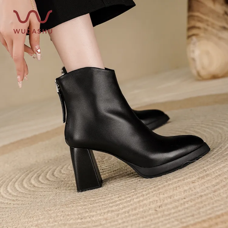 吴大叔秋冬新款黑色尖头百搭厚底高跟瘦瘦靴洋气时尚靴子27-352