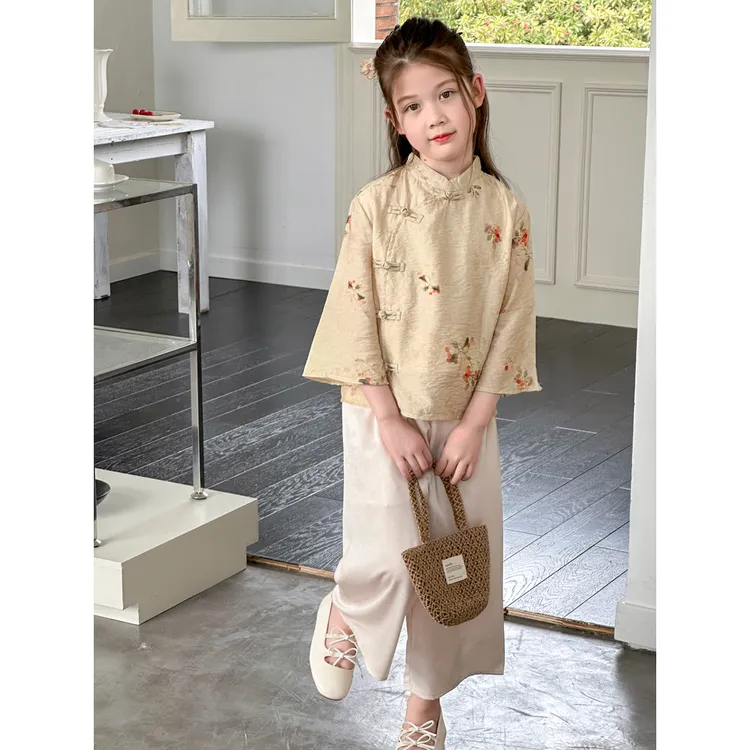小菲特夏季新款女童装6-12岁女宝中大童新中式短袖套装 QDTX40984