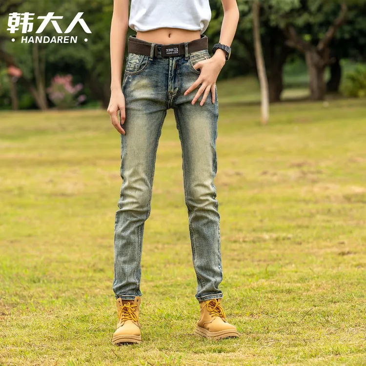韩大人男士牛仔裤夏季新款弹力复古怀旧修身小直筒加绒中高腰裤子