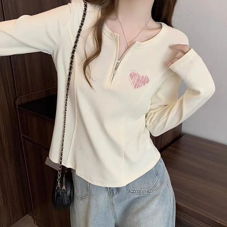 大码女装印花半拉链鱼骨线显瘦卫衣女长袖春秋胖妹妹遮肚藏肉上衣