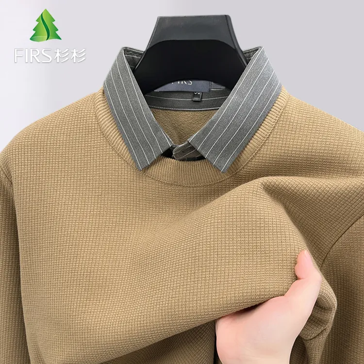 FIRS/杉杉【含绵羊毛】秋冬男士加绒翻领休闲时尚百搭假两件针织衫K